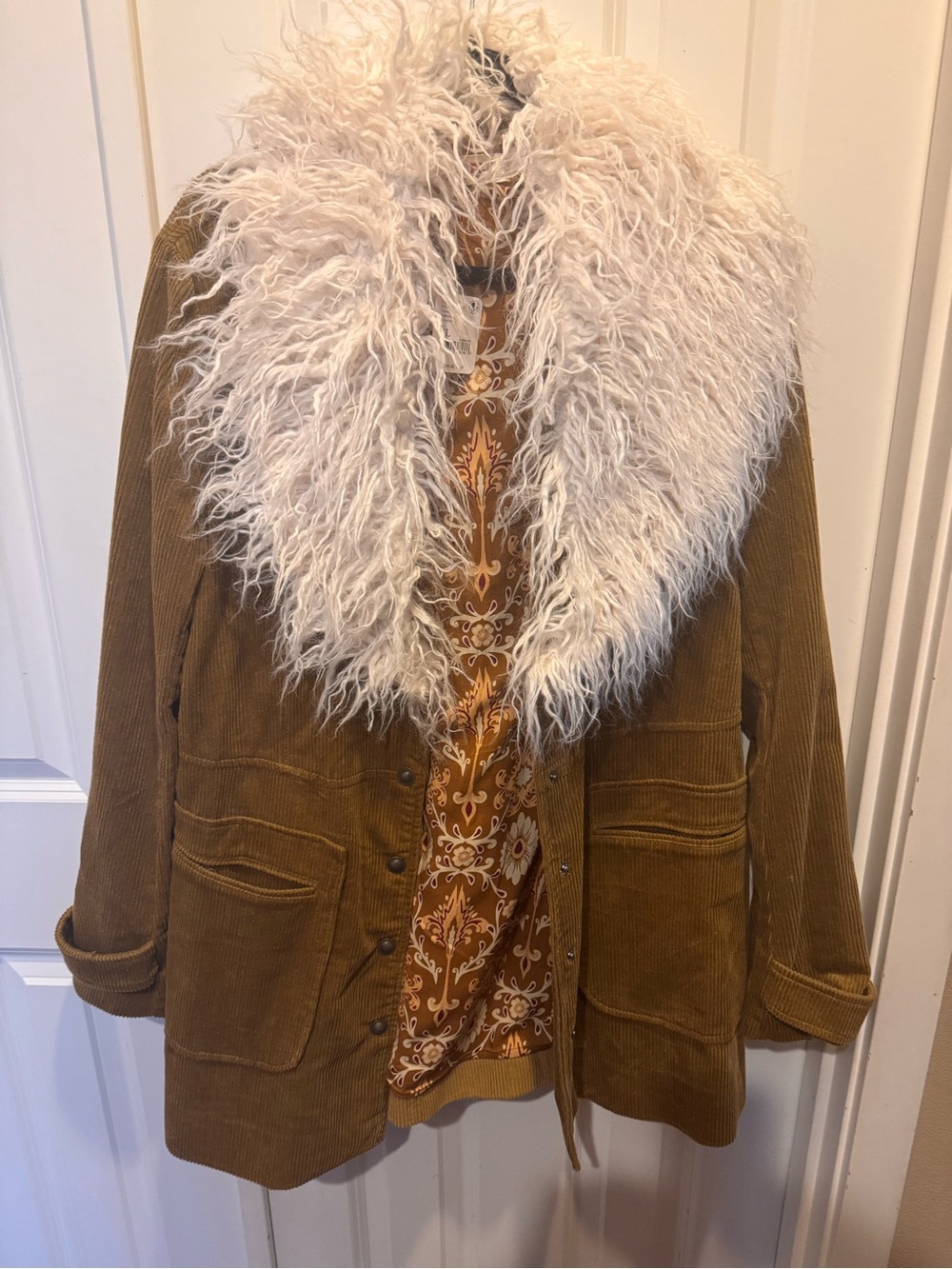 Corduroy Free People Coat with Faux Fur Collar - Brown XL